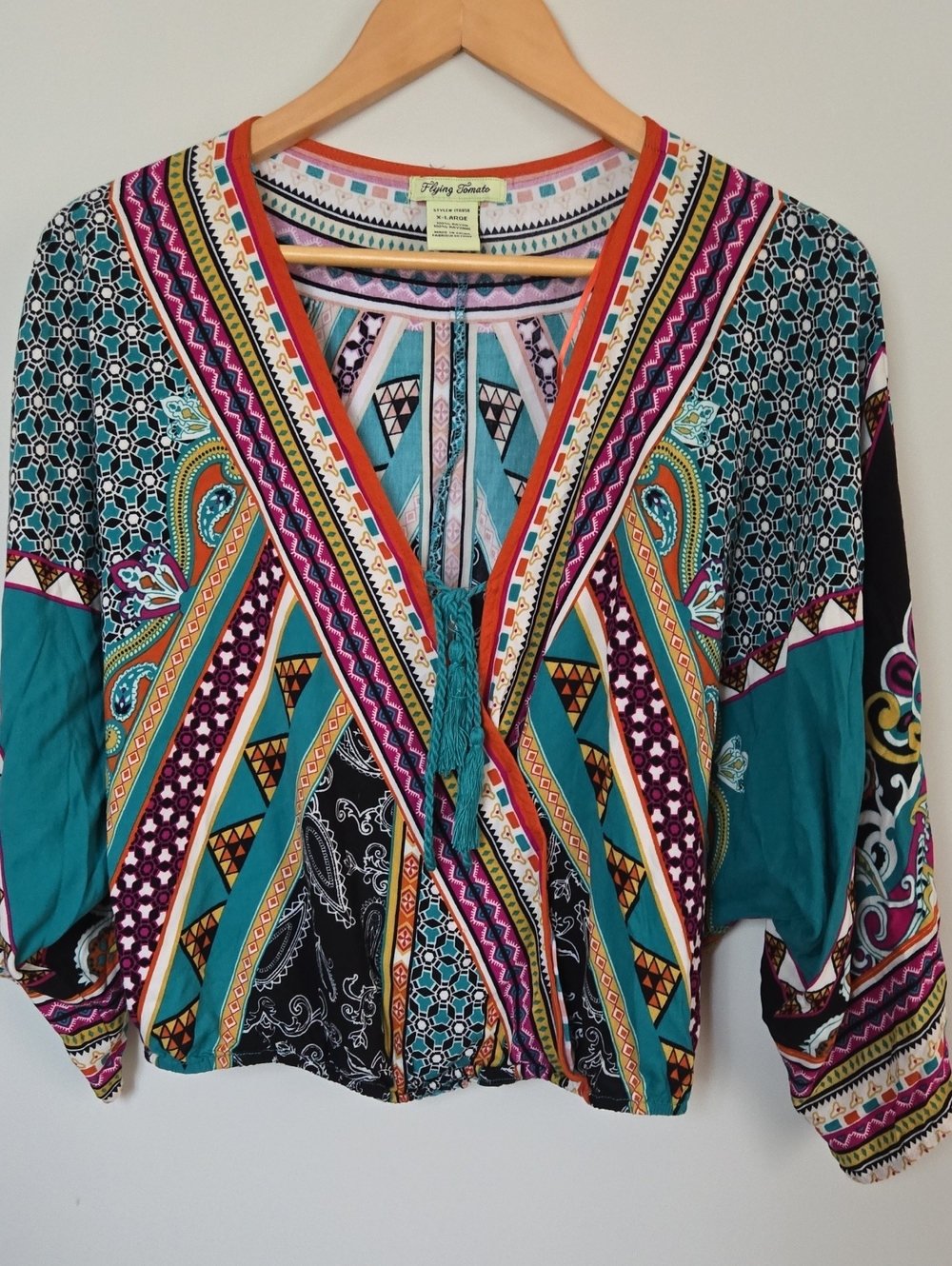 Flying Tomato Teal Multi-Print Boho V-Neck Tunic